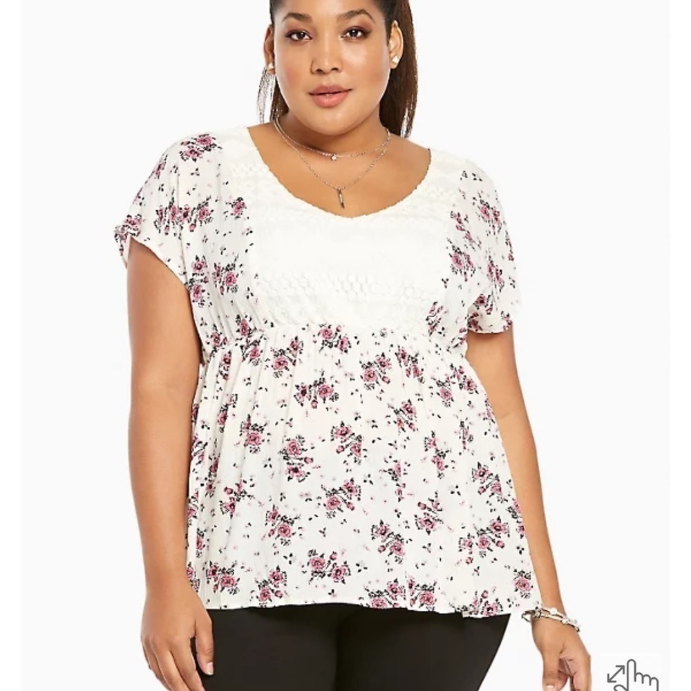 Torrid Floral Print Gauze Lace Inset Top Size 1X